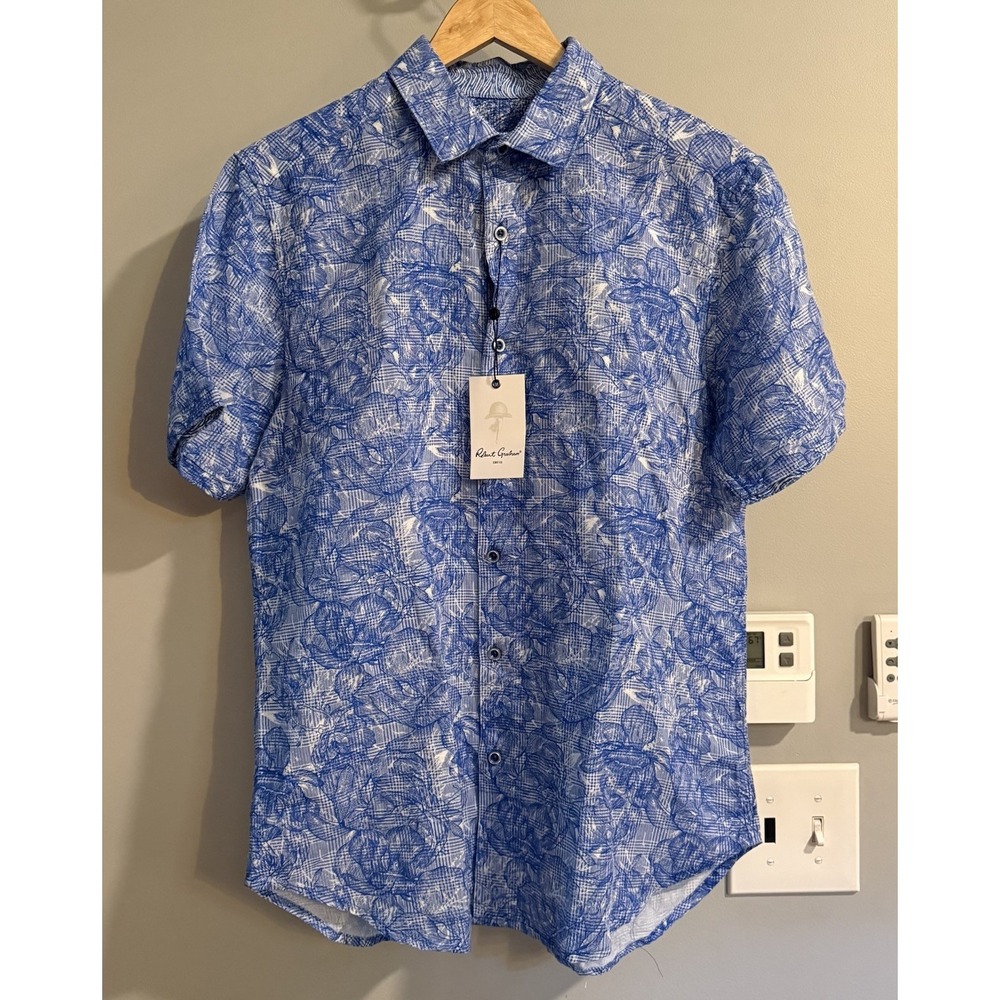 Robert Graham Shirt Floral Linen Cotton Plaid Button Up Camp Men's Medium New